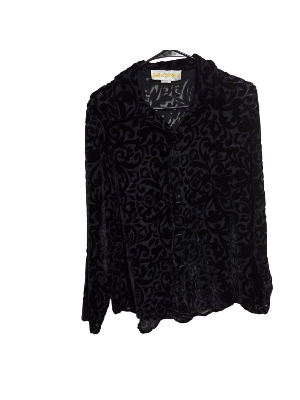 Vintage Black Velvet Burnout Blouse Size Medium Button Up Y2K Romantic Goth